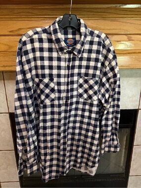 Dickies Navy and White Check Button-Down Flannel Shirt
